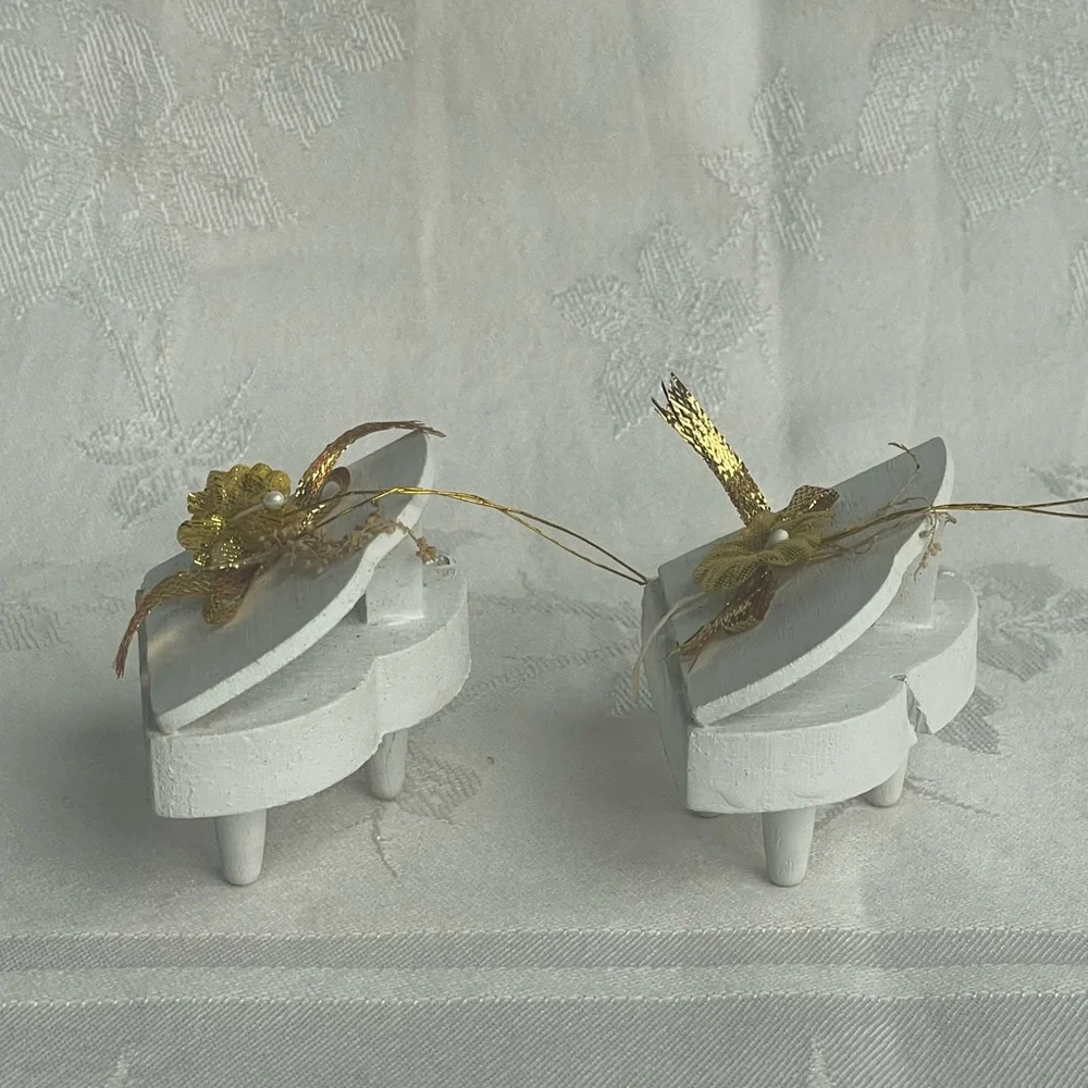 Vintage Wooden Baby Grand Piano Christmas Ornaments Decor White Set of 2